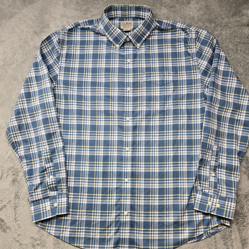LL Bean Plaid Button Down Shirt Mens L-Reg Blue/White Traditional Fit 500508